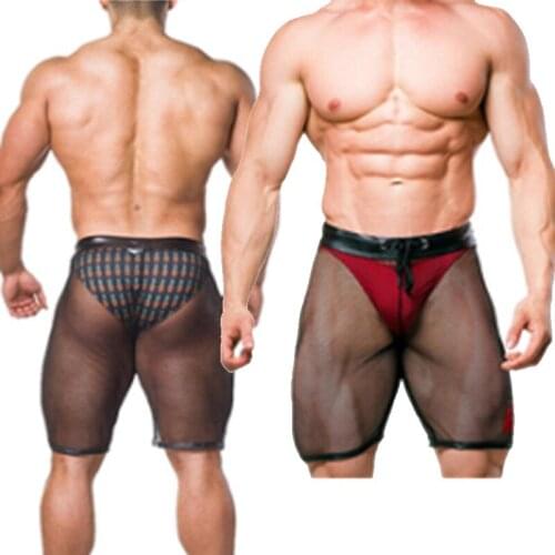 Mens Faux Leather Ice Silk Through Mesh Stitching Tight Slim Transparent Shorts Erotic Seduction Bind Fad Tight Leather Shorts