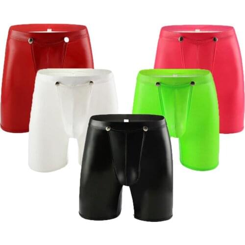 Men Sexy Faux leather Long Boxer Underwear Big Pouch Lingerie Front Button Open Crotch Shorts Gym Sports Underpants Male Panties