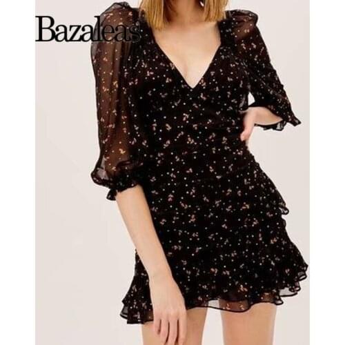 Bazaleas Vintage King Star Floral Pattern Ruffles Dress France Mesh Vestido Fashion Half Sleeve Backless Dresses