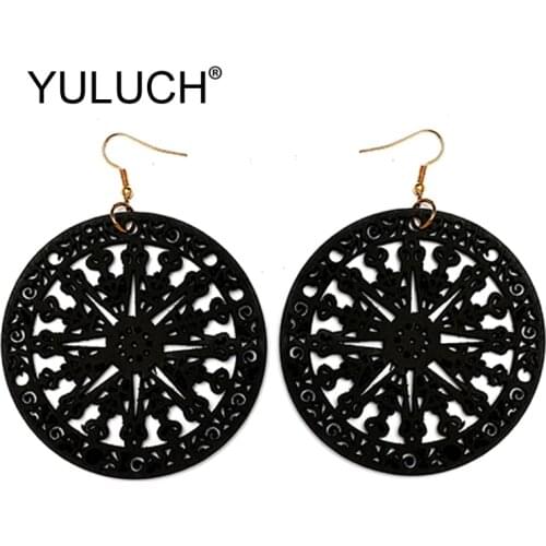 YULUCH 2019 Women Round Hollow Natural Wooden Big Drop Earrings Fashion Jewelry Ethnic African Indian Boho Statement Earrings