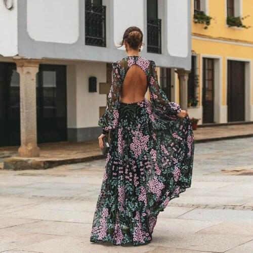 Women sexy backless oneck night party maxi dress Spring summer women long sleeve floral long chiffon dress vestidos de verano