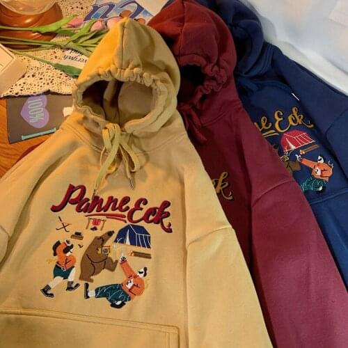 Embroidery Vintage Hoodie Women Sweatshirt Plus Velvet Harajuku Autumn Winter Suede Hoodies Hooded Oversized Outerwear Teens