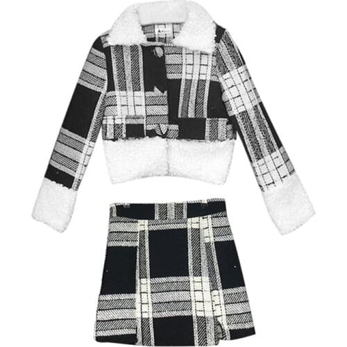 PERHAPS U Women Black White Plaid Tweed Jacket Mini Skirt Zipper Pencil 2 Two Piece Set Suit Elegant Winter Faux Lamb Wool T0078