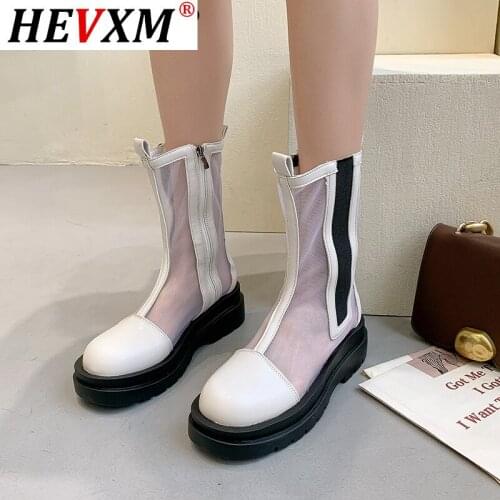Women Boots Zipper High Quality Mesh Breathable Cool Round Toe Mid Heels Shoes Patchwork Novelty Mid Calf Female Shoes