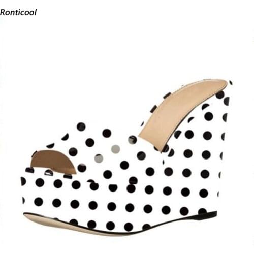 Ronticool New Fashion Women Handmade Summer Slippers Polka Dot Wedges High Heels Open Toe Out Door Slippers Women US Size 5-13