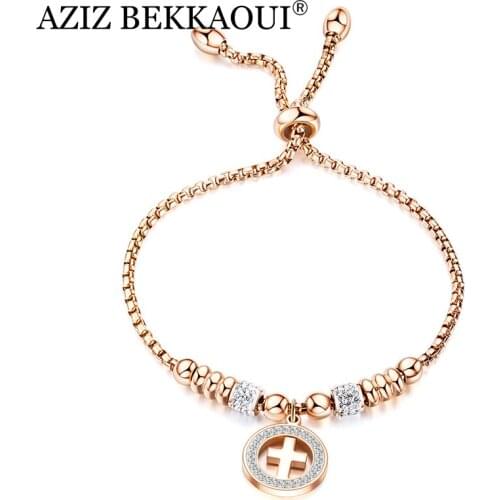 AZIZ BEKKAOUI Luxury Rose Gold Cross Pandent Bracelet For Women Fashion Adjustable Crystal Bracelet Romantic Jewelry Gift