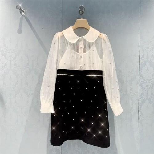 Korean Fashion Clothing 2021 Spring Autumn Elegant Diamonds Organza Long Sleeve A-line Mini Dresses for Women Robe Femme