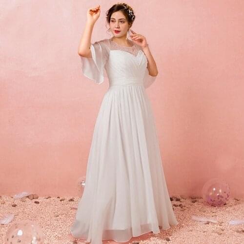 New Evening Dress Empire O-Neck Simple Elegant Lace Up Half Sleeves A-Line Floor-Length White Plus Size Women Formal Gowns D833