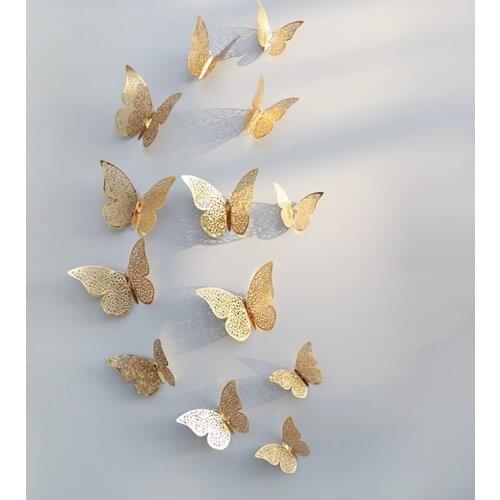 12Pcs/set Golden 3D Butterfly Wall Stickers Hollow Wall Stickers DIY Art Home Decor Wall Decals Wedding Decor Scrapbook Stickers