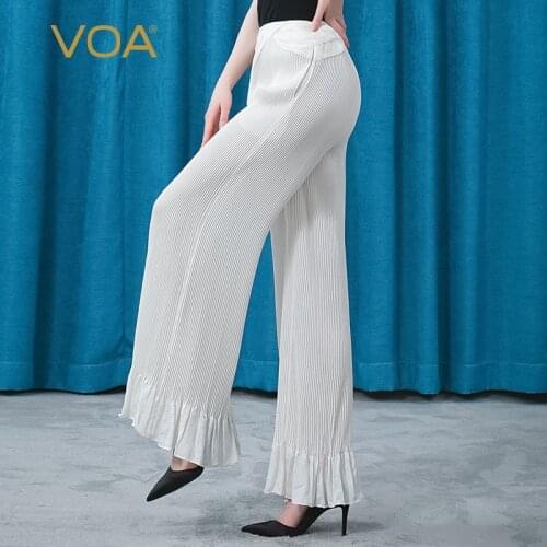 VOA Silk Jacquard Ivory White Trousers KE398 Natural Waist Splicing Three-Dimensional Fold Agaric Edge Literary Wide-Leg Pants