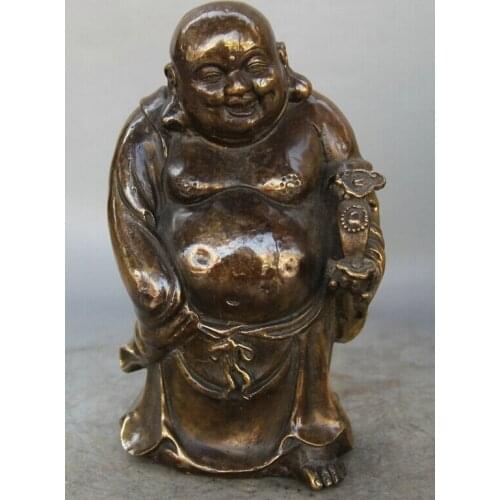Fast shipping USPS to USA S1971 8" Chinese Buddhism Copper Auspicious Ru Yi Happy Laugh Maitreya Buddha Statue