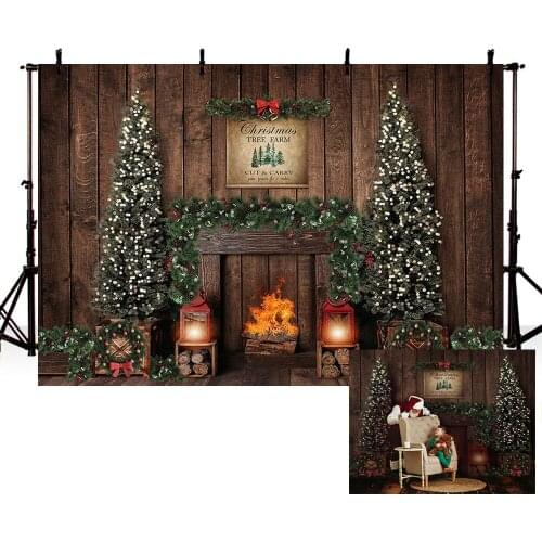 Mehofond Christmas Tree Farm Backdrops Dark Wood Board Fireplace Fire Light Decorations Photography Backgrounds for Photo Studio