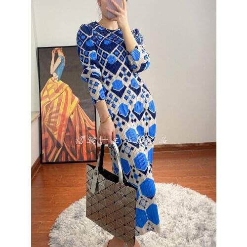 HOT SELLING Miyake fashion Nine points sleeve o-neck fold print geometry dress IN STOCK