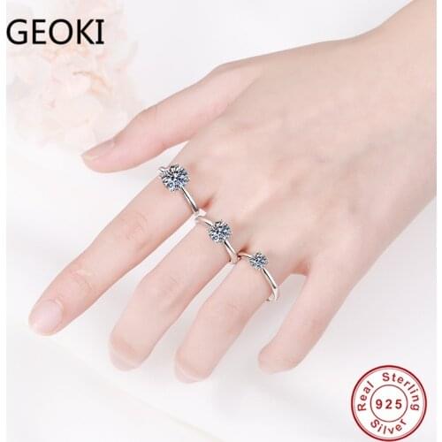 Geoki 925 Sterling Silver Perfect Cut 1-2 CT Passed Diamond Test Prong Moissanite Ring Women Good Clarity Stone Solitaire Rings