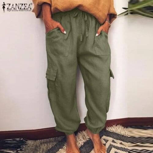 2021 ZANZEA Womens Solid Overalls Lace Up Casual Loose Cargo Pants Wide Leg Elastic Waist Trousers Vintage Pockets Oversized 5XL