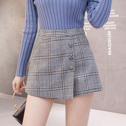 Korean version high-waisted woolen A-word shorts female students' joker skirts fall/winter new slim plaid wide-leg casual pants