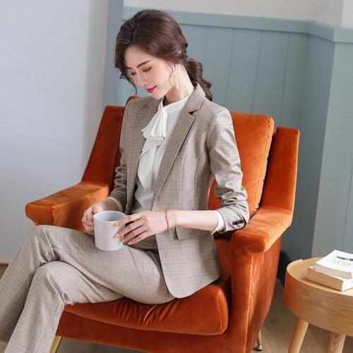 IZICFLY New Spring Autumn Khaki Plaid Womens Blazer Suits With Pants Business Slim Office Trouser Set 2 Piece Outfits Work Wear