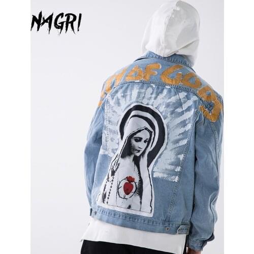 Jacket Men Blue Wash Loose Denim Jacket Coat Saint Vintage Funny Printing Casual Winter Bomber BF Style Jeans Coat Outerwear