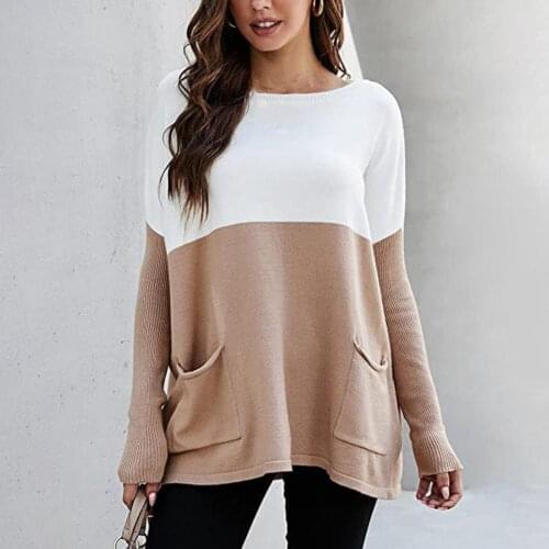 Fashion Women Contrast Color Top Sweatshirt 2021 New Long Sleeve Round Neck Pocket Pullover Sweatshirt Ladies Loose Top Blouse F