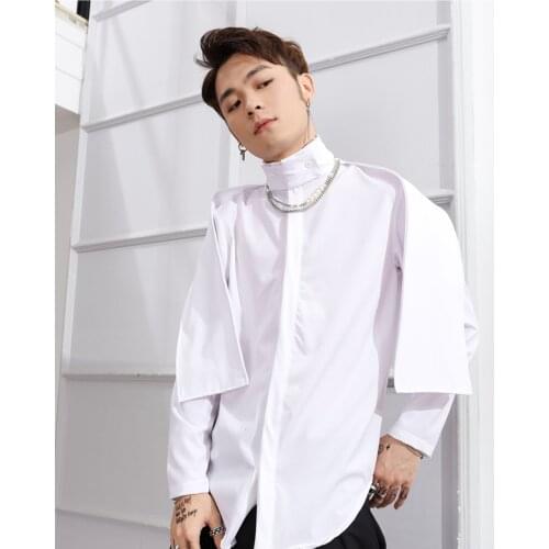 White slim long sleeve shirt round hem mens shirt Scarf Collar personality hip hop stage big match