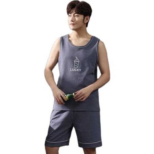 Mens Vest Pajamas Set Summer Sleepwear Knitted Cotton Mens Clothing Sleeveless Round Neck Loose Big Size L-4XL Male Pijamas