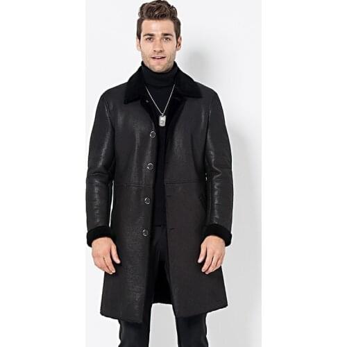 Winter Mens Long Sheepskin Genuine Leather Jacket Warm Fur Lining Overcoat Thicken Business Man Slim Fit Shearling Trench Coat