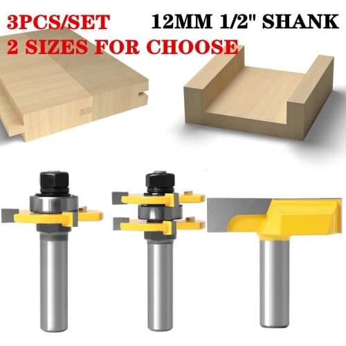 1-3pcs 12mm Shank Tongue & Groove Router Bit Tool Set With A Bottom Cleaning Bit- Solid Steel Woodworking Mill Bit