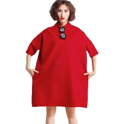 New Women Five-point sleeve Dress Spring Autumn Loose High collar A-Line Dresses Korean Womens Plus Size Red Long Dresses A1137