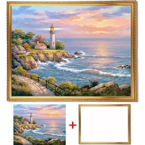 Framed DIY 5D Diamond Painting Cross Stitch Sea Scenery House Full Round Drill Lighthouse Diamond Embroidery LandscapeMosaic Hom