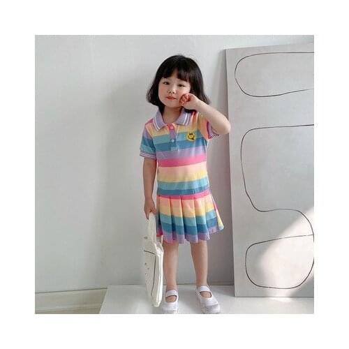 2021 Summer New Turn Down Collar Girls Pleated Dress Kids Girls Embroidered Short Sleeve Dress Childrens Striped Casual Dresses