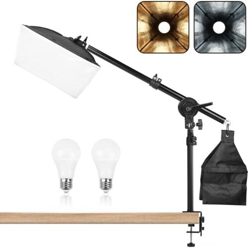 Adjustable Desk Light Mounting Stand Photography Softbox 9W Cold/Warm Bulb 60cm Telescopic Boom Arm for Makeup Jewelry Shooting