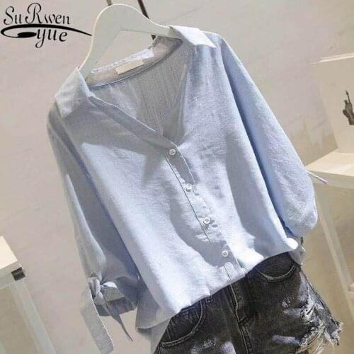 Plus Size 4XL Cotton Blouse Female Collar Summer Solid Color Half-Sleeve Shirt Loose Slimming Casual V-neck Students 8917 50