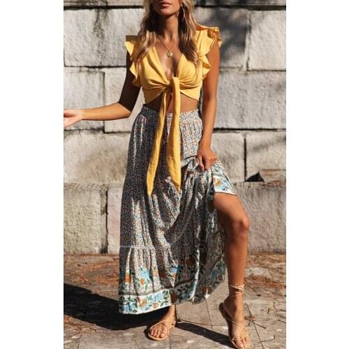 Happie Queens women beige floral print beach Bohemian skirt High Elastic Waist rayon cotton Boho Maxi Skirts Femme