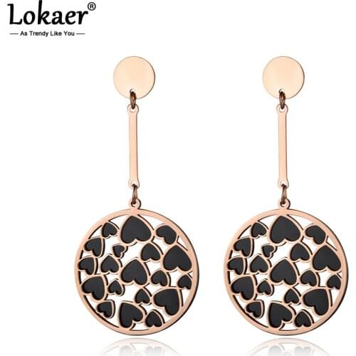 Lokaer Trendy Black Acrylic Heart Shape Double Layers Earrings Rose Gold Stainless Steel Jewelry Aretes De Mujer Women E18092