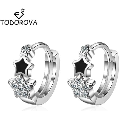 Todorova Small Black Drop Glaze Star Hoop Earrings for Child Girls Women Cubic Zirconia Loop Huggies Earring Korean Jewelry