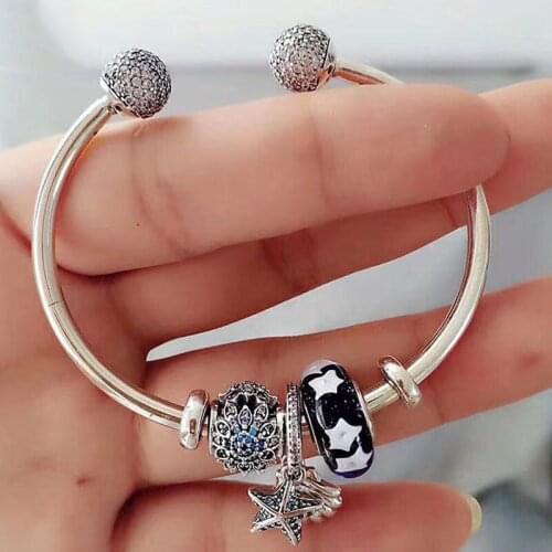 Original S925 Sterling Silver Blue Starfish Pendant With Star Cat Eyes And Open Bracelet For Womens Wedding Party Diy Jewelry
