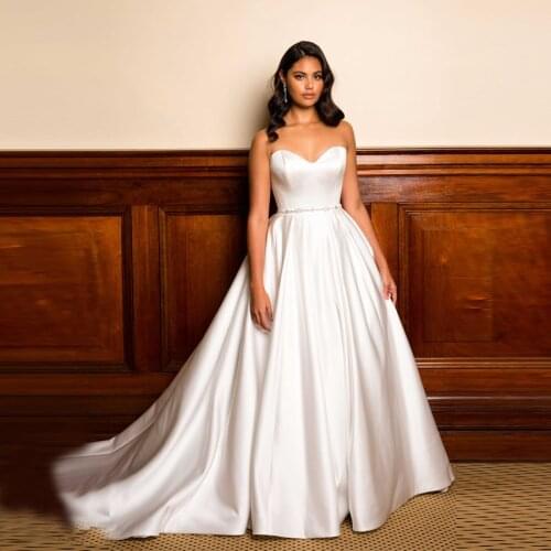 Simple Satin A-Line Wedding Dress White Sweetheart Beaded Waist Bridal Gowns Custom Made Floor Length