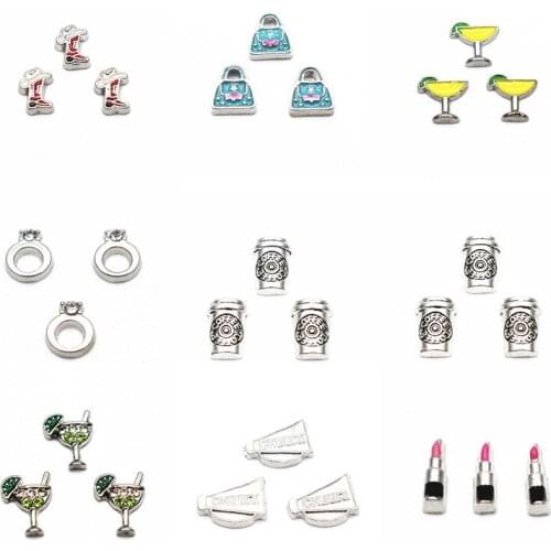 10pcs/lot Silver Blue Yellow Lipstick Finger Ring Skirt Wine glas Metal Floating Charms Living locket Necklace DIY Jeweley