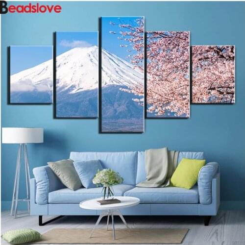 DIY diamond embroidery Mount Fuji Cherry full square round diamond painting cross stitch kit mosaic 5 pcs home decoration