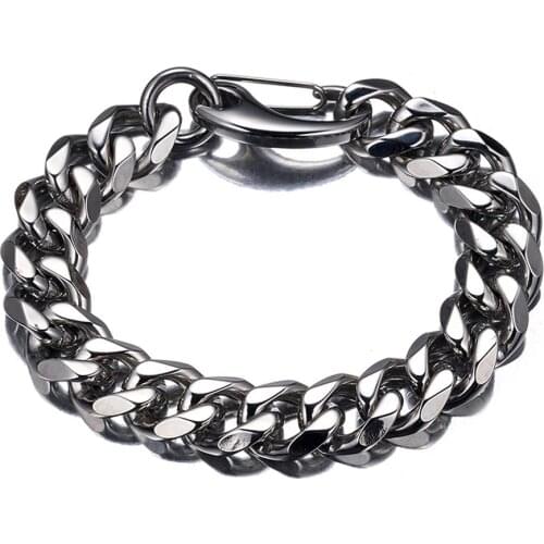 15mm Wide 7-11 Inches Length Silver Color Mens Chain Bracelet Stainless Steel Polishing Curb Cuban Link Chain Bangle