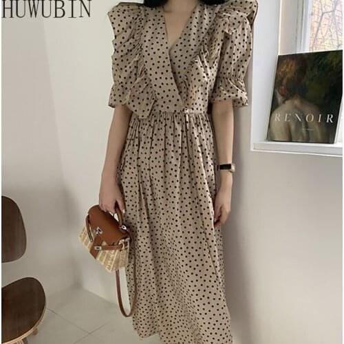 Summer V-Neck Flounced Dresses Puff Sleeve Vintage Elegant Dot Print Chiffon Dress Long Fashion Dress