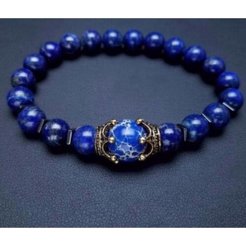 Mens Luxury Crown Tigers Eye Bracelet Blue Natural Stone Opal Beads Mens European and American Simple Beaded Hand Jewelry