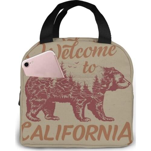 Welcome California With Bear Silhouette Lunch Food Box Bag Insulated Thermal Picnic Lunch Bag for Women kids Men Cooler Tote Bag