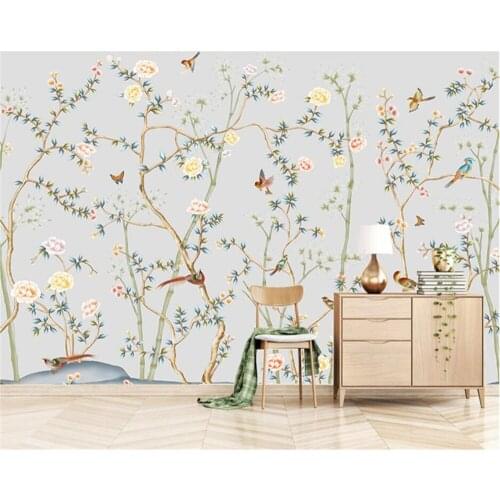 Customized large wallpaper 3d photo mural wall papers home decor hand-painted flowers and birds 3d wallpaper papier peint