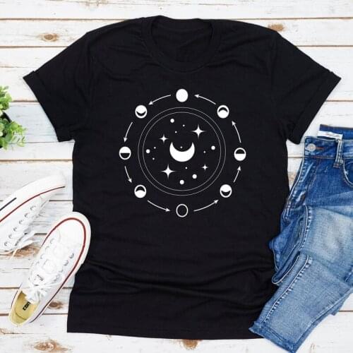 Stars Moon Phases 100% Cotton T-shirt Aesthetic Astronomy Graphic Tee Shirt Top Vintage Magic Moon Witch Tshirt Camiseta