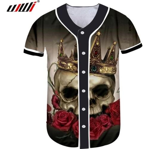 UJWI Mens 3D Button Tshirt Summer Tops Print Rose Skull With Crown Baseball Jerseys Shirts Man Workout Fitness Casual T-shirts