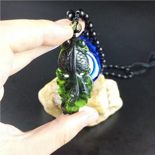 Certified Chinese Natural Black Green Jade Goldfish Pendant Necklace Charm Jewelry Obsidian Accessories Carved Amulet Gifts