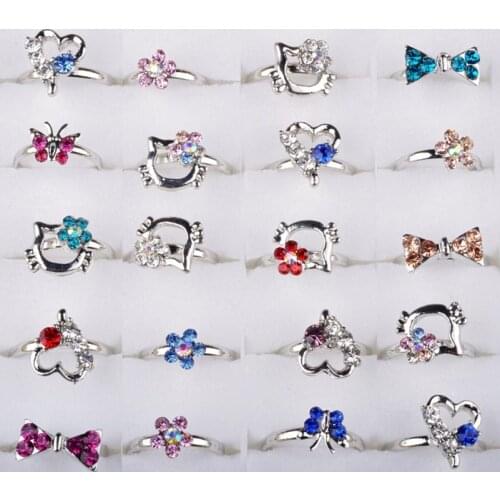 10pcs Lot Fashion Zinc Alloy Finger Ring Girls Anillos Rhinstone Bow Heart Jewelry Princess Children Kids Rings Party Gift