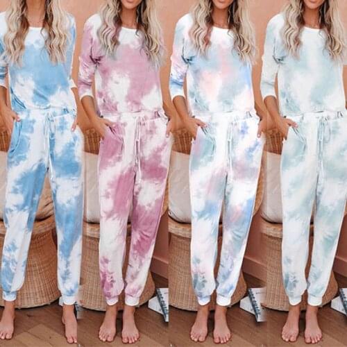 Tie Dye Print 2 Pcs Outfits for Women Long Sleeve Pullover T Shirts Drawstring Sweatpants Sets TT@88