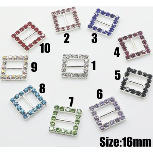 Colorful 10pcs/lot 16mm Square Crystal Rhinestone buckles Diamante buckle invitation Ribbon Slider for Wedding Supply Gift Wrap